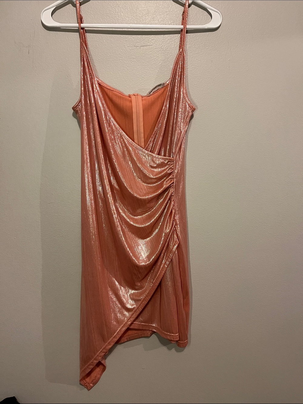Shimmery Coral Sleeveless asymmetrical Draped Mini Dress SZ M